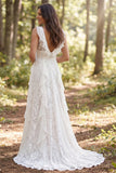 Ivory A-Line V-Neck Ruffled Long Wedding Dress with Slit