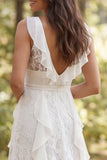 Ivory A-Line V-Neck Ruffled Long Wedding Dress with Slit