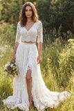 Ivory Lace A-Line V-Neck Half Sleeves Long Wedding Dress with Slit