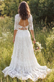 Ivory Lace A-Line V-Neck Half Sleeves Long Wedding Dress with Slit