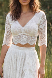 Ivory Lace A-Line V-Neck Half Sleeves Long Wedding Dress with Slit