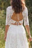 Ivory Lace A-Line V-Neck Half Sleeves Long Wedding Dress with Slit