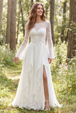 Ivory A-Line Chiffon Ruffled Long Sleeves Wedding Dress with Slit