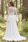Ivory A-Line Chiffon Ruffled Long Sleeves Wedding Dress with Slit
