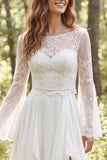 Ivory A-Line Chiffon Ruffled Long Sleeves Wedding Dress with Slit
