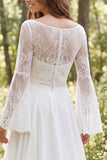 Ivory A-Line Chiffon Ruffled Long Sleeves Wedding Dress with Slit