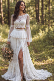 Ivory A-Line Bateau Neck Ruffled Long Wedding Dress with Slit