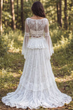 Ivory A-Line Bateau Neck Ruffled Long Wedding Dress with Slit