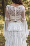 Ivory A-Line Bateau Neck Ruffled Long Wedding Dress with Slit