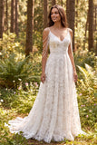 Ivory Floral A-Line Cold Shoulder Long Wedding Dress