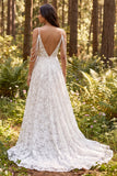 Ivory Floral A-Line Cold Shoulder Long Wedding Dress