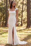 Mermaid Ivory Floral Square Neck Long Wedding Dress with Slit