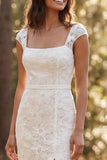 Mermaid Ivory Floral Square Neck Long Wedding Dress with Slit