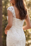 Mermaid Ivory Floral Square Neck Long Wedding Dress with Slit
