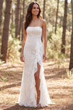 Strapless Ivory Mermaid Lace Ruffled Long Wedding Dress with Slit