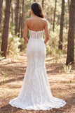 Strapless Ivory Mermaid Lace Ruffled Long Wedding Dress with Slit