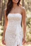 Strapless Ivory Mermaid Lace Ruffled Long Wedding Dress with Slit