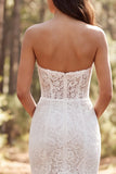 Strapless Ivory Mermaid Lace Ruffled Long Wedding Dress with Slit