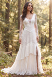 A-Line Ivory Long Sleeves Ruffled Long Wedding Dress with Slit