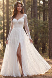 Ivory A-Line Long Sleeves Lace Wedding Dress with Slit