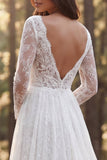 Ivory A-Line Long Sleeves Lace Wedding Dress with Slit