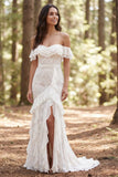 Off the Shoulder Ivory Lace Mermaid Long Wedding Dress with Ruffle Slit