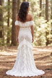 Off the Shoulder Ivory Lace Mermaid Long Wedding Dress with Ruffle Slit