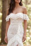 Off the Shoulder Ivory Lace Mermaid Long Wedding Dress with Ruffle Slit