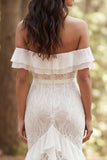 Off the Shoulder Ivory Lace Mermaid Long Wedding Dress with Ruffle Slit