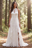 Halter Ivory Lace Long A-Line Wedding Dress with Slit