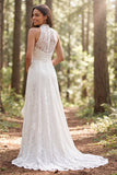 Halter Ivory Lace Long A-Line Wedding Dress with Slit