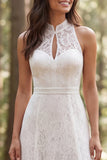 Halter Ivory Lace Long A-Line Wedding Dress with Slit