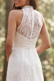 Halter Ivory Lace Long A-Line Wedding Dress with Slit