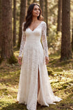 Ivory Lace A-Line Long Sleeves Wedding Dress with Slit