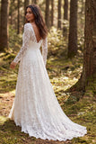 Ivory Lace A-Line Long Sleeves Wedding Dress with Slit