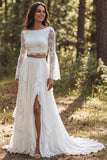 A-Line Ivory 2 Piece Bateau Neck Long Sleeves Wedding Dress with Slit