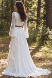 A-Line Ivory 2 Piece Bateau Neck Long Sleeves Wedding Dress with Slit