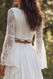 A-Line Ivory 2 Piece Bateau Neck Long Sleeves Wedding Dress with Slit