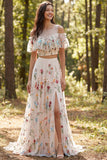 Ivory 2 Piece A-Line Floral Illusion Neck Long Wedding Dress with Slit