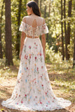 Ivory 2 Piece A-Line Floral Illusion Neck Long Wedding Dress with Slit