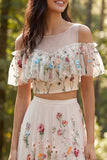 Ivory 2 Piece A-Line Floral Illusion Neck Long Wedding Dress with Slit