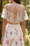 Ivory 2 Piece A-Line Floral Illusion Neck Long Wedding Dress with Slit