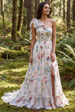 One Shoulder Ivory Floral A-Line Long Wedding Dress with Slit