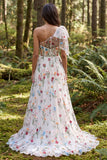 One Shoulder Ivory Floral A-Line Long Wedding Dress with Slit