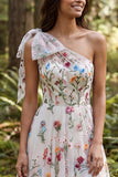 One Shoulder Ivory Floral A-Line Long Wedding Dress with Slit
