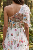 One Shoulder Ivory Floral A-Line Long Wedding Dress with Slit