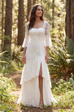 Ivory Lace A-Line 3/4 Sleeves Long Wedding Dress with Slit