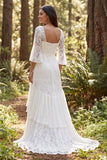 Ivory Lace A-Line 3/4 Sleeves Long Wedding Dress with Slit