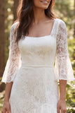 Ivory Lace A-Line 3/4 Sleeves Long Wedding Dress with Slit