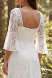 Ivory Lace A-Line 3/4 Sleeves Long Wedding Dress with Slit